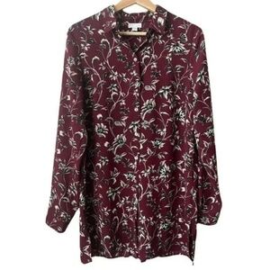 J Jill Top Womens Small Maroon Floral Long Sleeve Button Up Tunic Boho Peasant